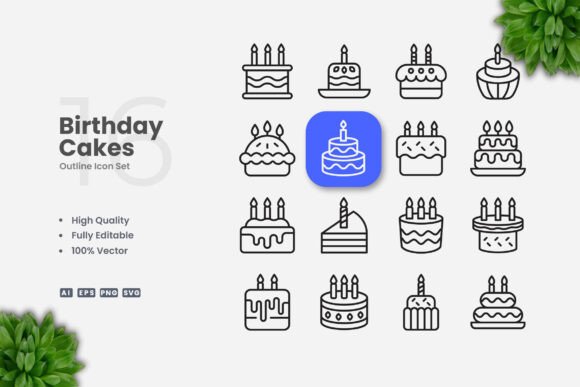 Birthday Cakes Outline Icons for Graphics and Icons