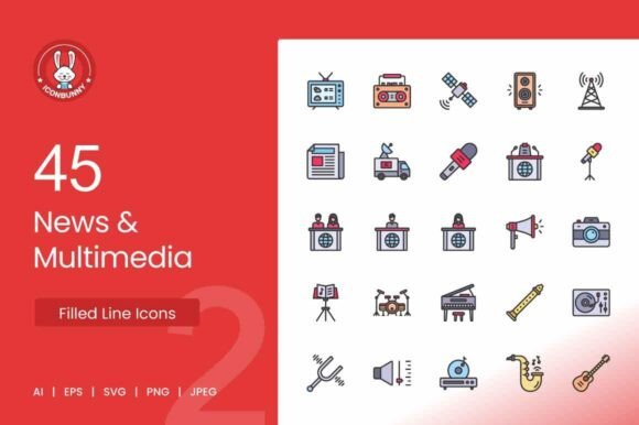 News Multimedia Filled Line Icons for Graphics and Branding