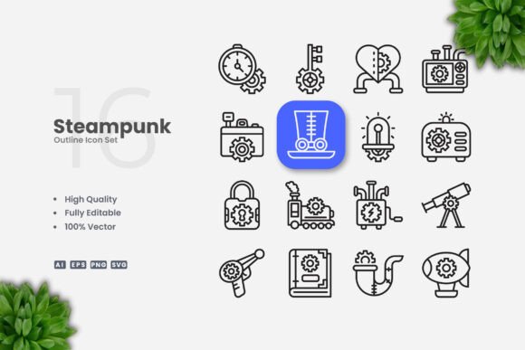 Steampunk Outline Icons for Creative Crafting