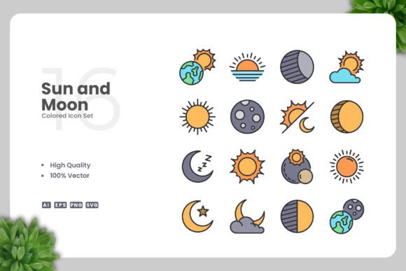 Sun and Moon Colored Icons: Graphics and Icons for Modern Design
