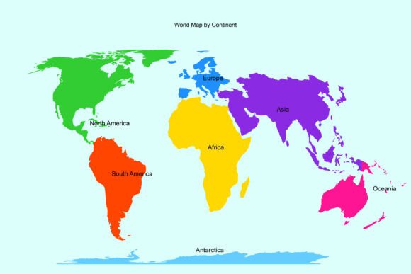 World Map by Continents Colorful Vector Graphics