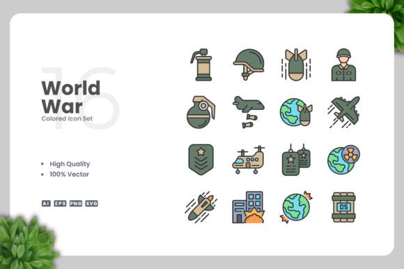 World War Colored Icons for Graphic Design